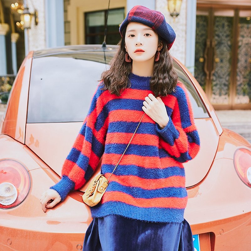 [full court specials] 2018 women's winter wear contrast color striped lantern sleeve sweater XK81366 - Women's Sweaters - Other Materials Multicolor