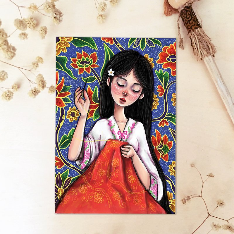 小娘惹 nyonya batik inspired postcard size art print - 心意卡/卡片 - 紙 紅色