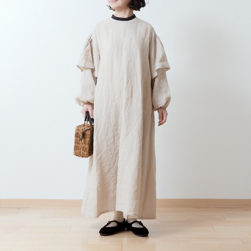 Double sleeve A-line Linen dress/beige - One Piece Dresses - Cotton & Hemp Khaki