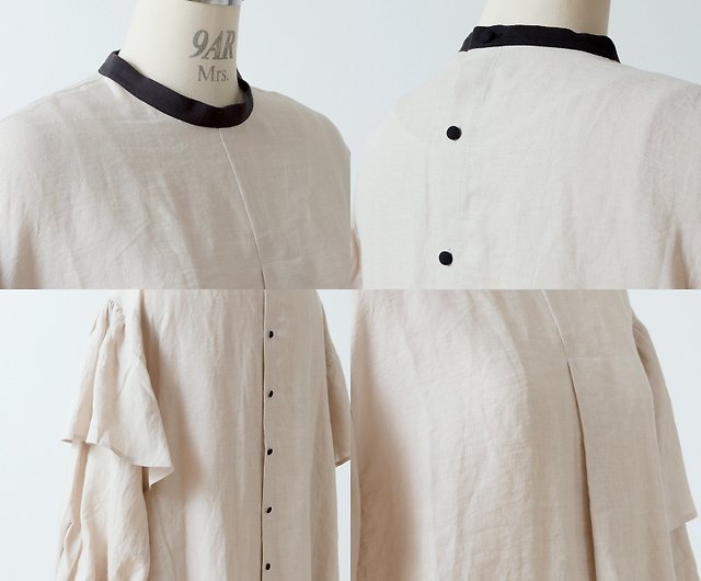 Double sleeve A-line Linen dress/beige - Shop liplne One Piece