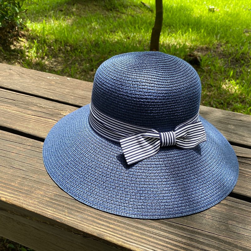 Elegant Dome Braided Sun Hat Lady Hat Bucket Hat Striped Webbing Bow - หมวก - พืช/ดอกไม้ สีน้ำเงิน