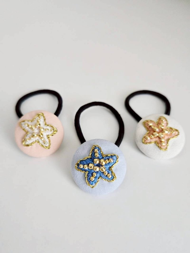 海底星 - 珊瑚橘 / 海洋藍 / 珍珠白 刺繡髮圈 - 髮夾/髮圈 - 繡線 
