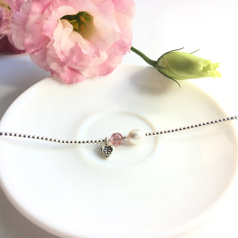 Ops Pearl Strawberry Crystal Heart silver bracelet- 小珍珠/純銀/草莓晶/天然石/愛心/手工手鍊