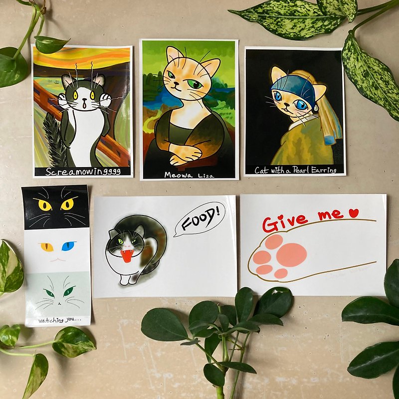 A6 sticker sheet cat Meowa Lisa Screameowinggg Cat with Pearl Earring beans food - Stickers - Paper 