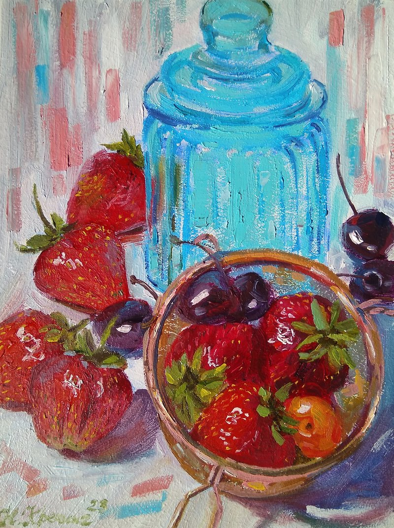 Strawberry Still life, Berries Original Oil Painting, Fine Art - Wall Décor - Other Materials Multicolor