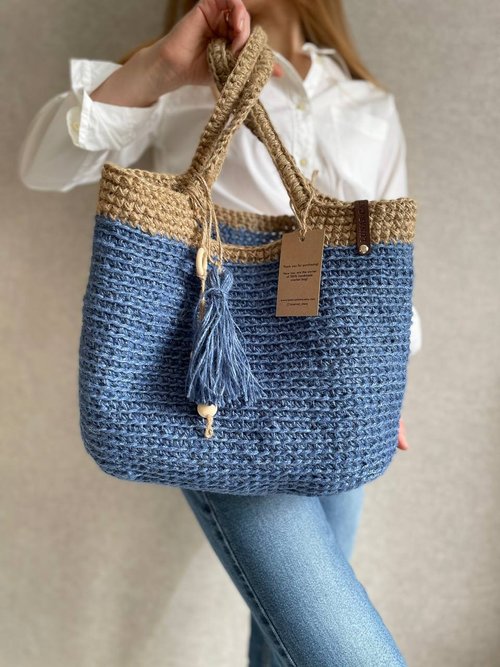 LunarCat Crochet Jute Bag, Crochet Tote Bag, Crochet Beach Bag, Reusable Grocery Bag