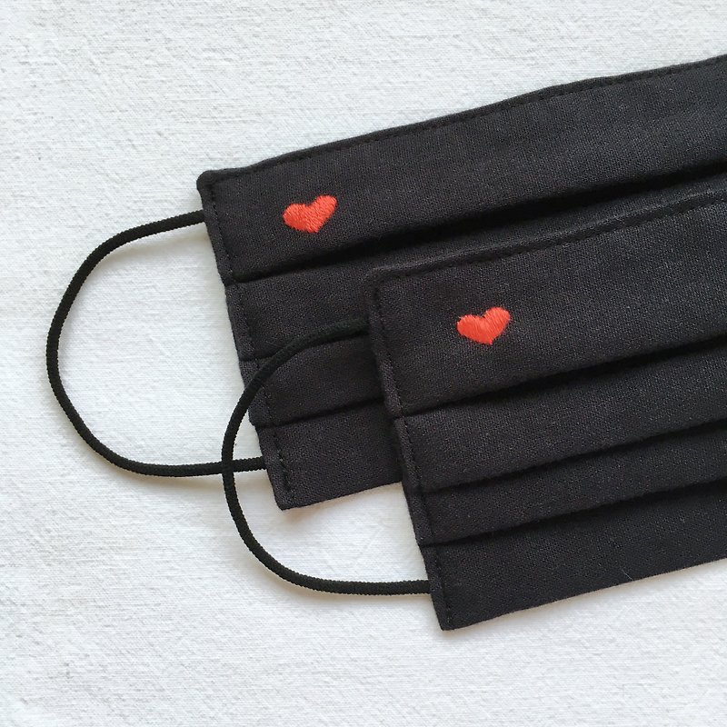 Hand Embroidered Red Heart Washable Pleated Cotton Black Face mask Adult Child - Face Masks - Cotton & Hemp Black