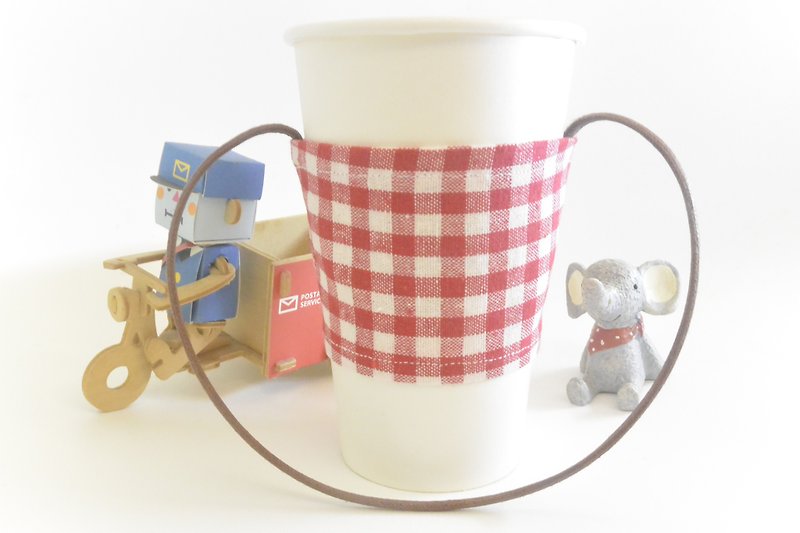 Environmental protection cloth cup set - red plaid - Beverage Holders & Bags - Cotton & Hemp Red