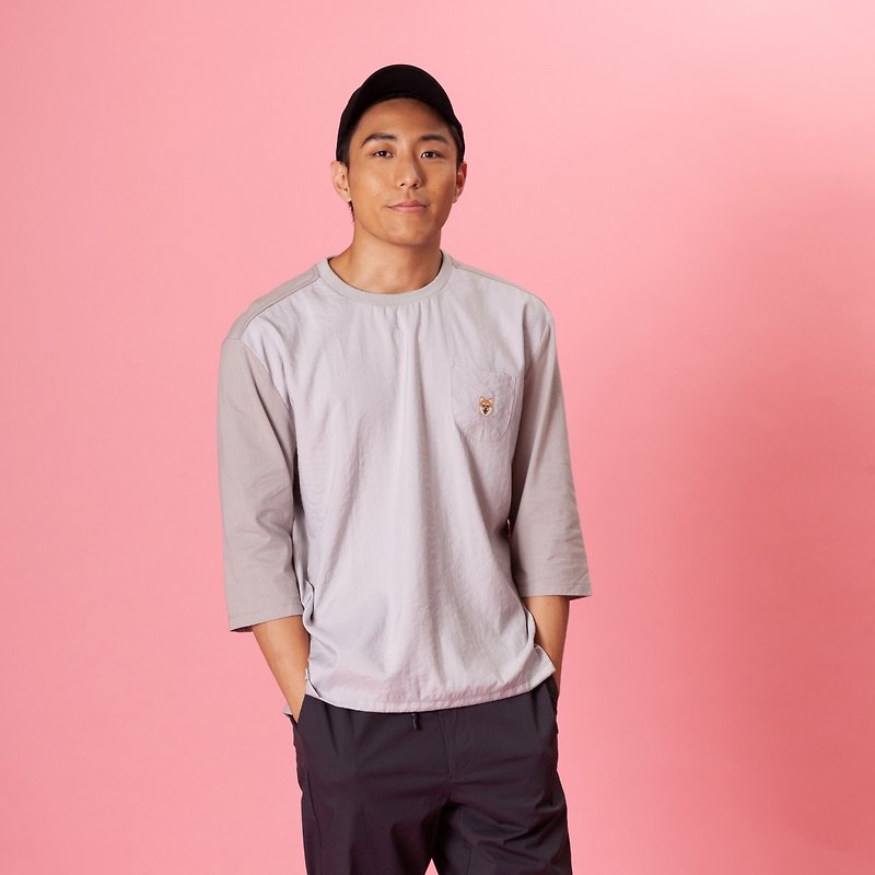 【Pjai】7/L Sleeves Pocket T-shirt- Nav//Grey (TP653) - เสื้อฮู้ด - ผ้าฝ้าย/ผ้าลินิน สีเทา