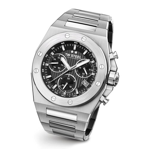 TW Steel Watches 下單即贈品牌籃球 CEO TECH系列 全鋼鏈帶黑麵計時碼錶