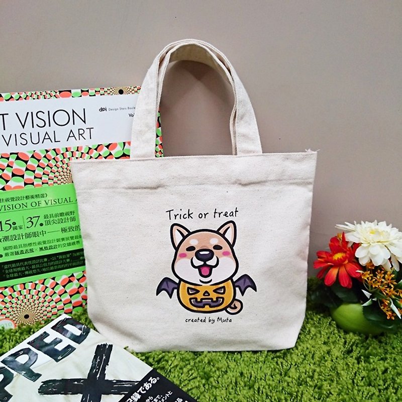 Halloween Pumpkin Chai Dog Style Venture Small Tote Bag - กระเป๋าถือ - ผ้าฝ้าย/ผ้าลินิน 