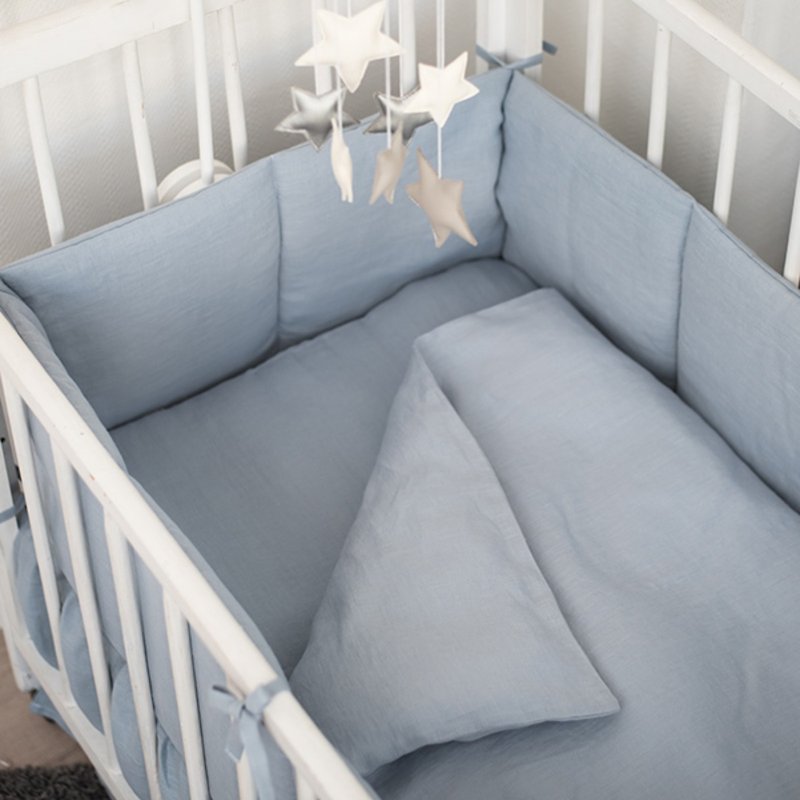 Blue Linen (flax) crib bumper pad – 4 side soft cot bumper – bumper with laces - - ผ้าปูที่นอน - ลินิน สีน้ำเงิน