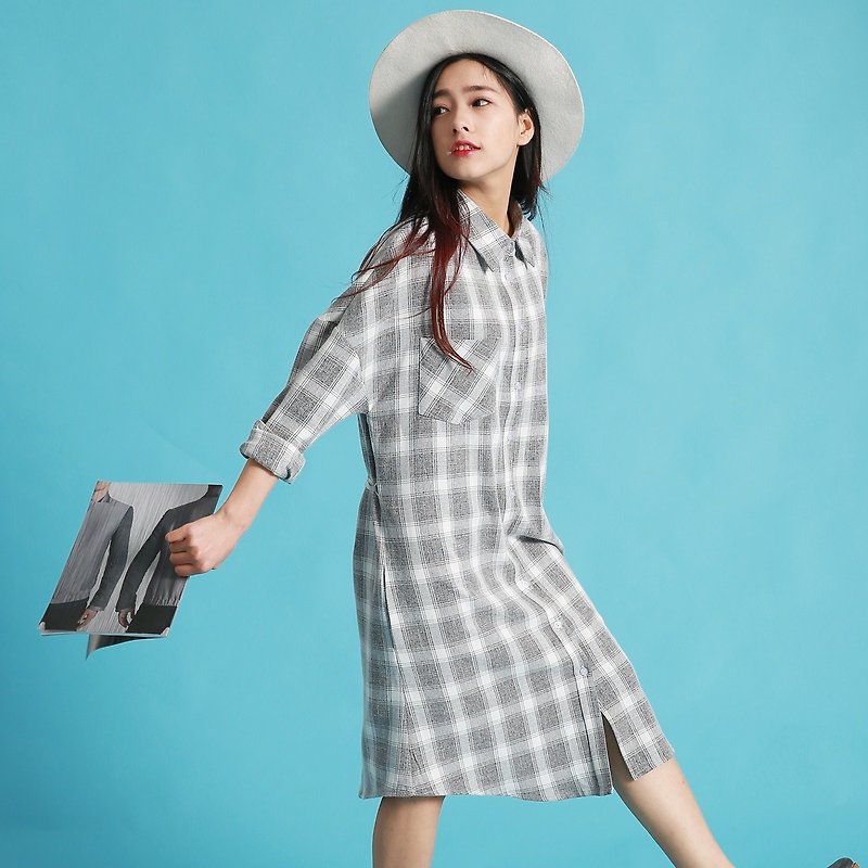 New spring literary retro gray and white squares in dress shirt dress 2016 spring models Annie Chen - เสื้อเชิ้ตผู้หญิง - ผ้าฝ้าย/ผ้าลินิน สีเทา