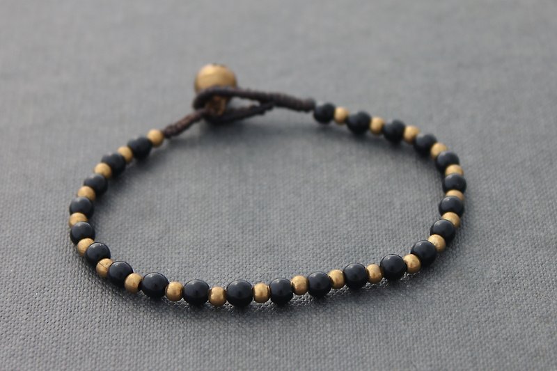 瑪瑙石串珠手鍊黃銅簡單黑色石頭編織手鍊 - 手鍊/手環 - 棉．麻 黑色