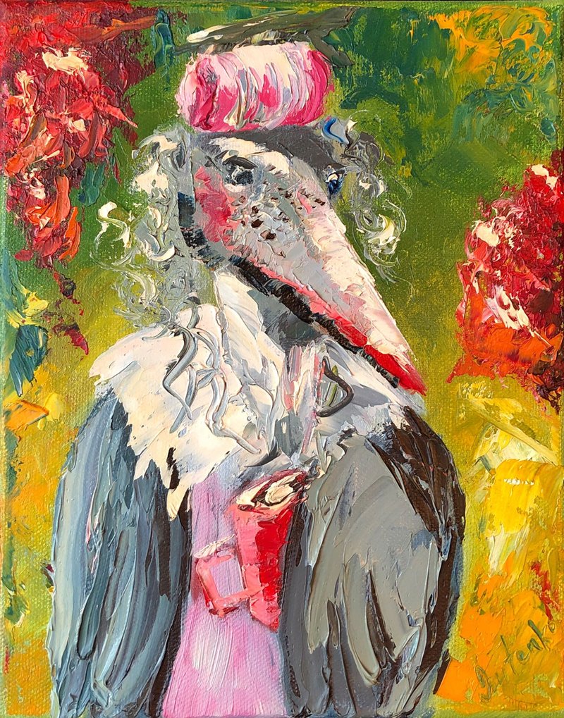 Marabou Stork Painting Original Art Bird Artwork Animal Wall Art Oil Painting - 海報/掛畫/掛布 - 其他材質 綠色