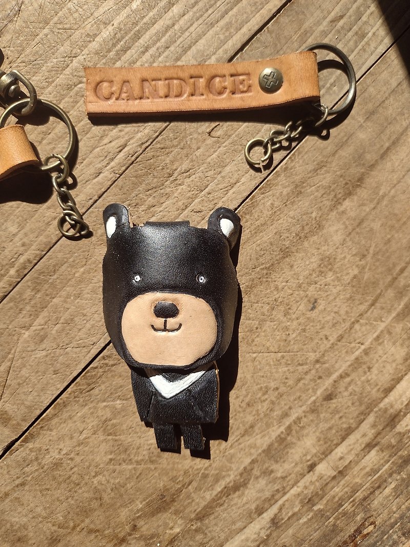 Cute Taiwanese black bear pure leather key ring-engraved name - Keychains - Genuine Leather Brown
