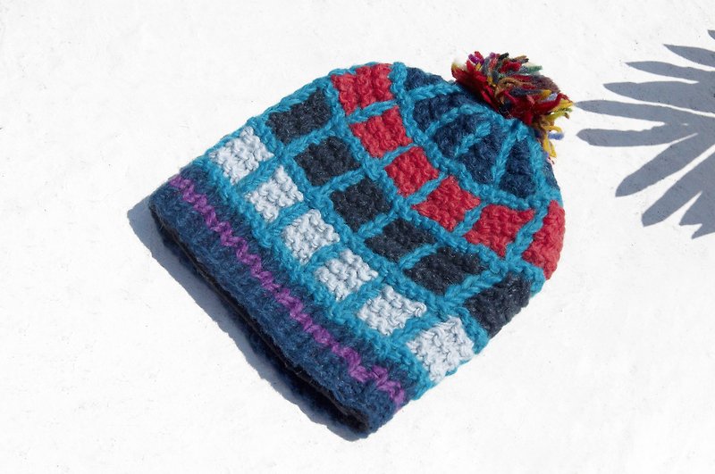 Christmas gift Christmas gift for the full moon limited one children's wool hat / knitted pure wool warm hat / children's knitted wool hat / inner bristle hat / knitted wool hat / children's wool hat-blue sky contrast color geometric checkered palette - อื่นๆ - ขนแกะ หลากหลายสี