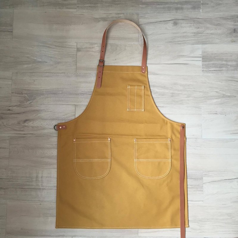 New Mustard Apron w/Leather Copper rivets workwear/baristas/chefs/barbers Handmade - Aprons - Cotton & Hemp Yellow