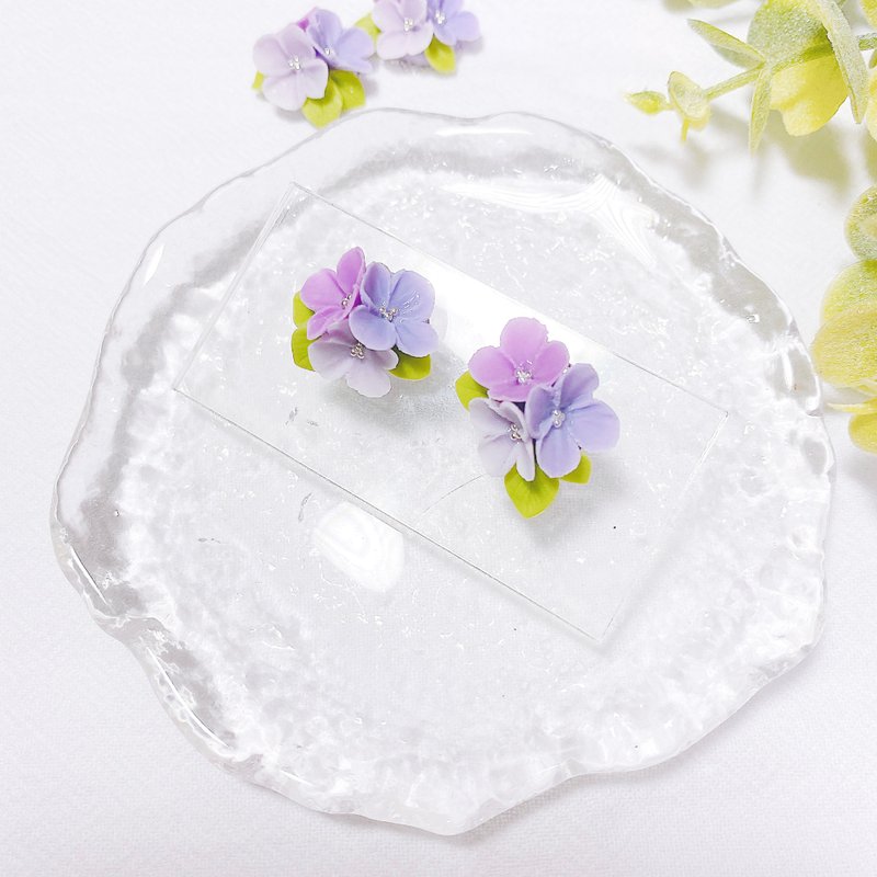 3 purple flower handmade earrings | clay earrings - ต่างหู - ดินเหนียว สีม่วง