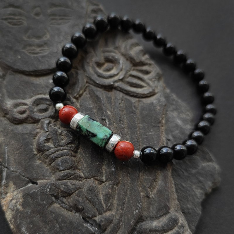 Tibetan style bracelet / African Turquoise, Red Jasper, Black Agate and Silver - สร้อยข้อมือ - เครื่องประดับพลอย สีดำ