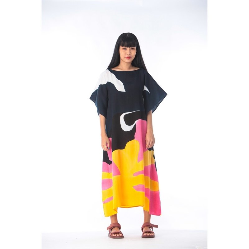 Hand Painted Cotton Silk Kaftan for Summer Resort Vacation F - 洋裝/連身裙 - 棉．麻 藍色