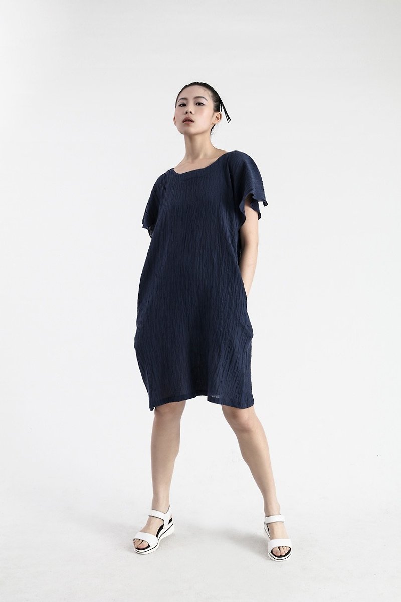 【Custom】Folded dress - ชุดเดรส - ผ้าฝ้าย/ผ้าลินิน สีน้ำเงิน