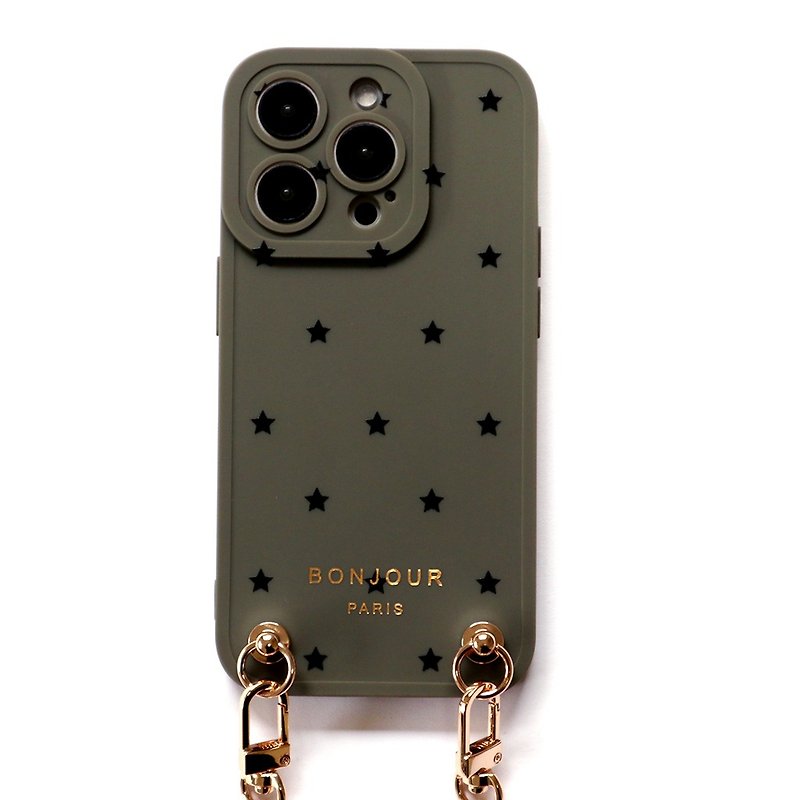 iPhone15/14/13/12 東京系列-歐風灰綠小星星金鍊手機殼 - 手機殼/手機套 - 塑膠 黑色