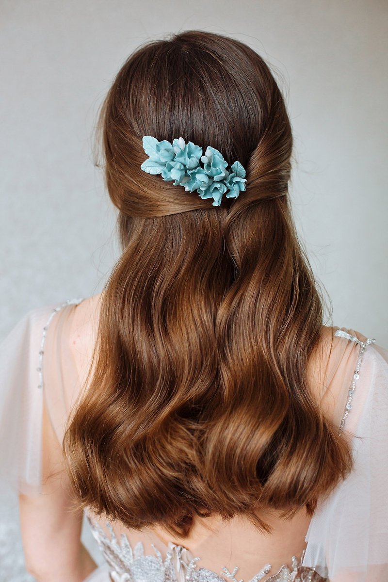 藍色花朵髮飾 - 藍色婚禮頭飾 - 串珠髮飾 - 髮飾 - 黏土 藍色