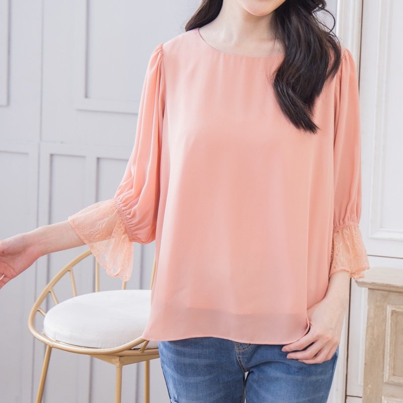 袖蕾絲雪紡寬鬆上衣   橘粉 - 女上衣/長袖上衣 - 聚酯纖維 粉紅色