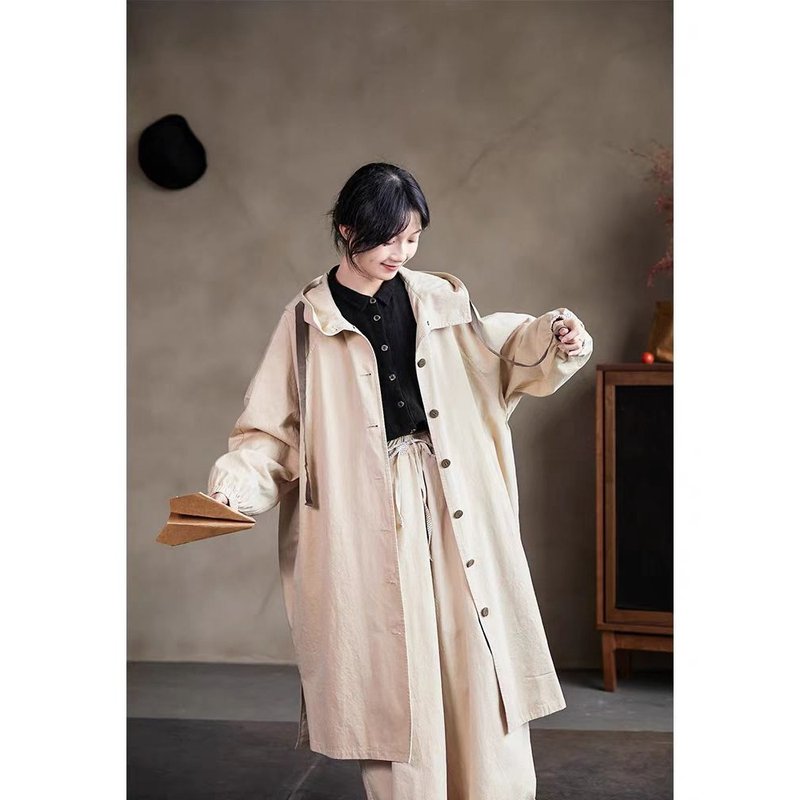 クリーム色 純綿 上質素朴 フード付き ミドル丈 トレンチコート - ブレザー・コート - コットン・麻 