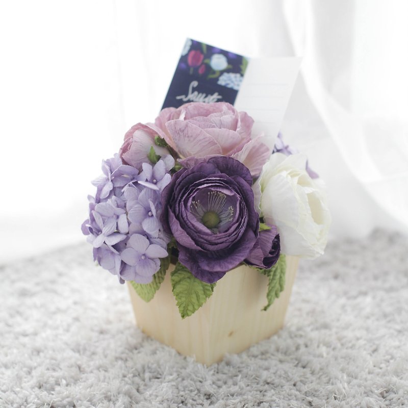 WP102 : Handmade Paper Flower Wooden Pot  Table Decoration Heaven Lavender Size 5"x5.5" - Items for Display - Paper Purple