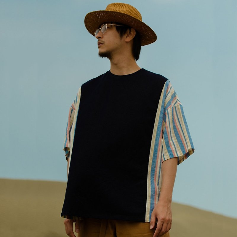 Cotton silk striped spliced T-shirt - เสื้อยืดผู้ชาย - ผ้าฝ้าย/ผ้าลินิน สีน้ำเงิน