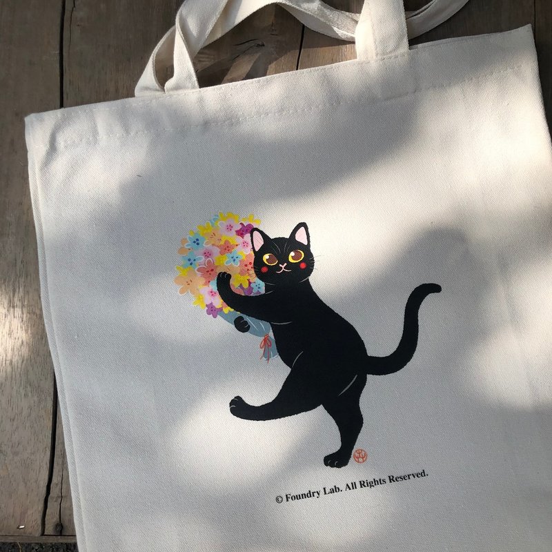 Black cat bouquet-cat illustration thick canvas bag with bottom - Handbags & Totes - Other Materials Black