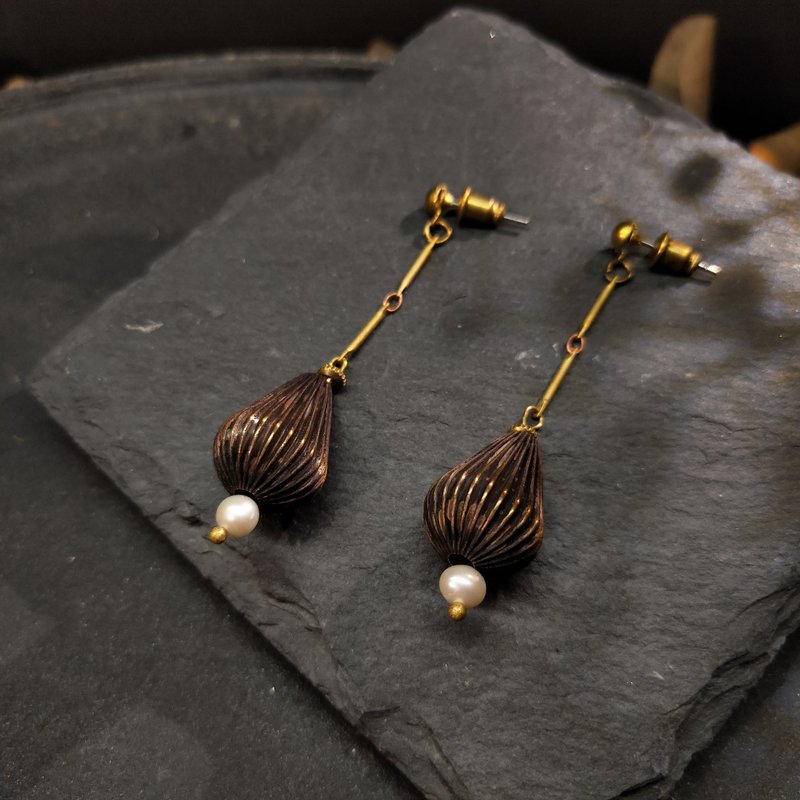 Pleated lantern earrings - wild section - Bronze pearl (can change the folder) - Earrings & Clip-ons - Copper & Brass 