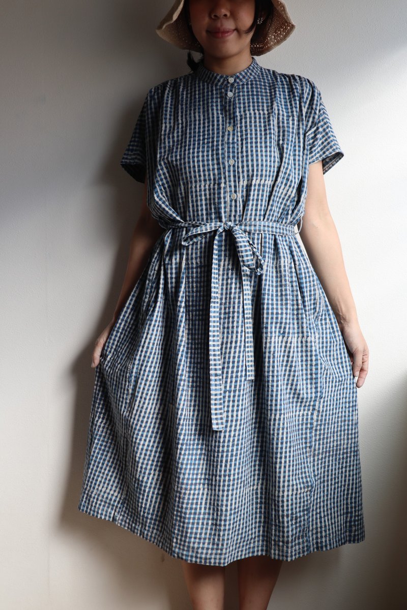 Maru dress, large check pattern, indigo - One Piece Dresses - Cotton & Hemp 