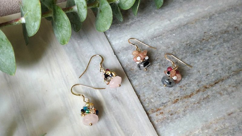 Natural crystal meets tourmaline 14K gold earrings - Earrings & Clip-ons - Gemstone Pink