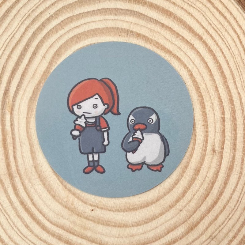 かわいい女の子とペンギンのステッカー - 貼紙 - 紙 藍色