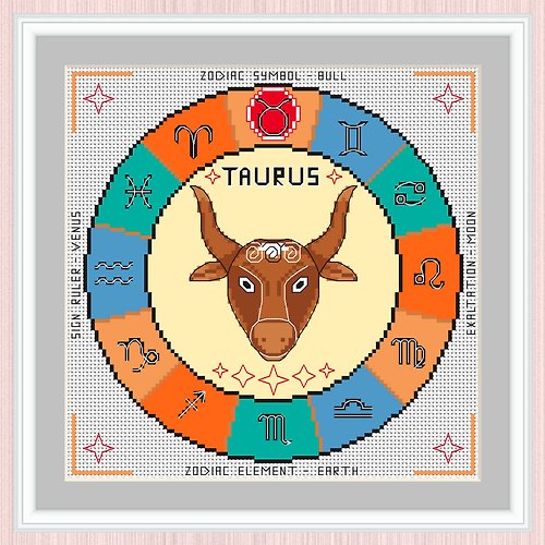 LarisaStitch Taurus Cross Stitch Pattern | Taurus Zodiac Sign | Sign Of Taurus | 十字繡圖案