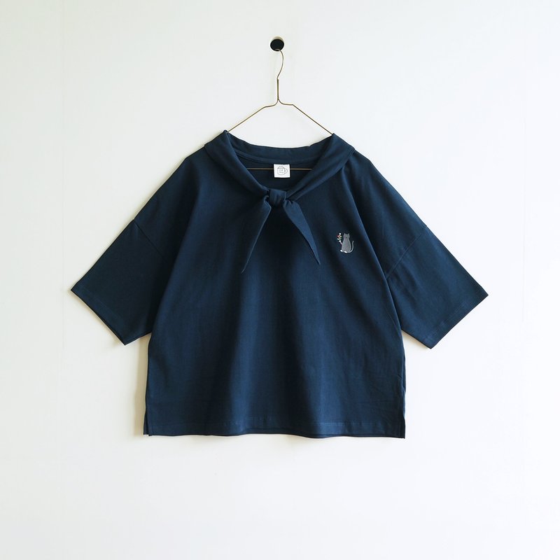 flower cat sailor t-shirt : navy - 女 T 恤 - 棉．麻 藍色