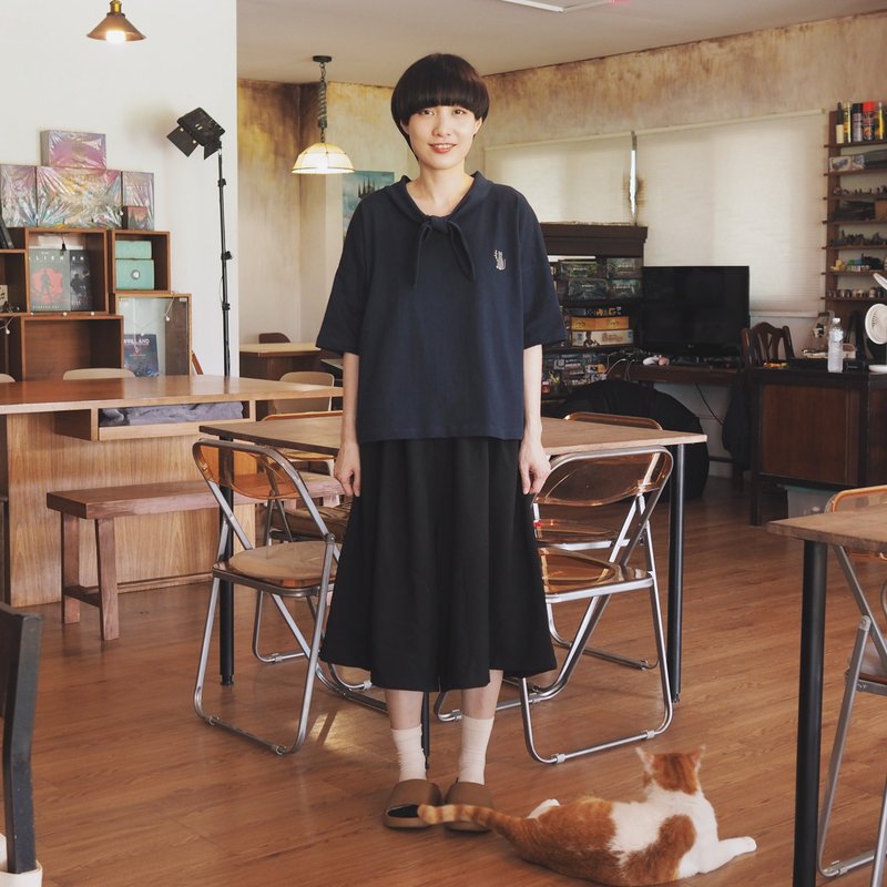 flower cat sailor t-shirt : navy - 女 T 恤 - 棉．麻 藍色