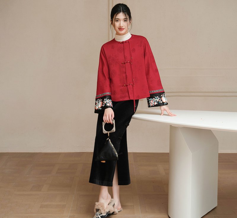 【秋季新款】新中式復古中國風 復古提花寬松外套/半裙 - 裙子/長裙 - 其他材質 紅色