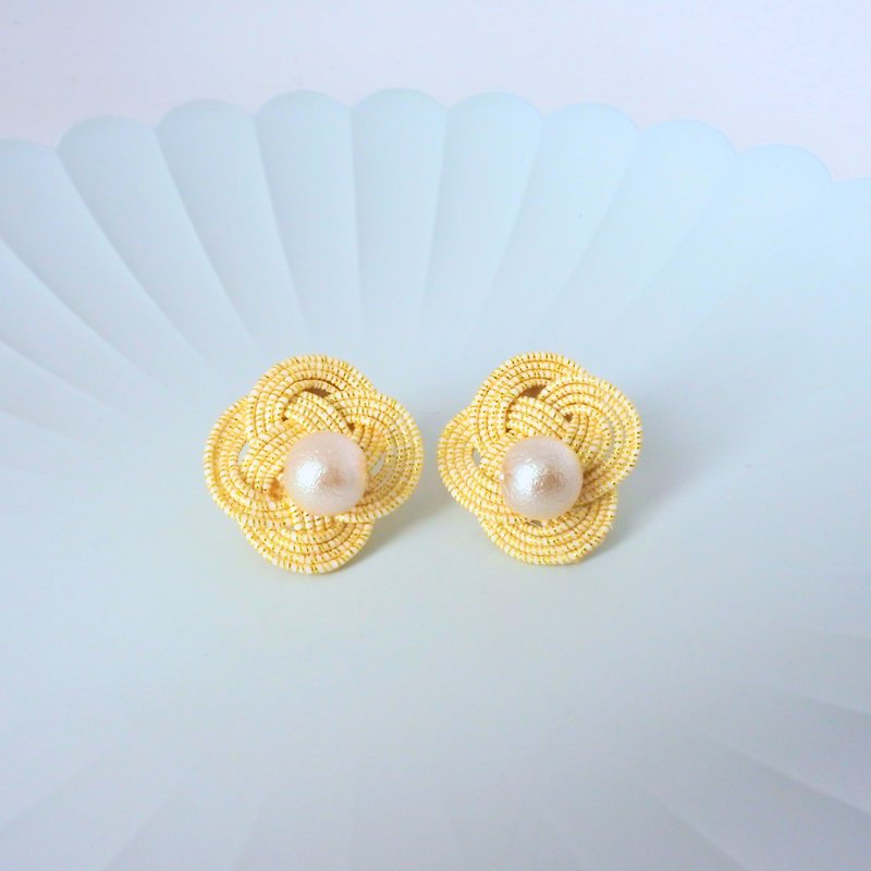 Paper Earrings & Clip-ons Gold - Mizuhiki Alhambra Earring, |CLOVER|, Gold Pearl Japanese Mizuhiki Earring, Gorge