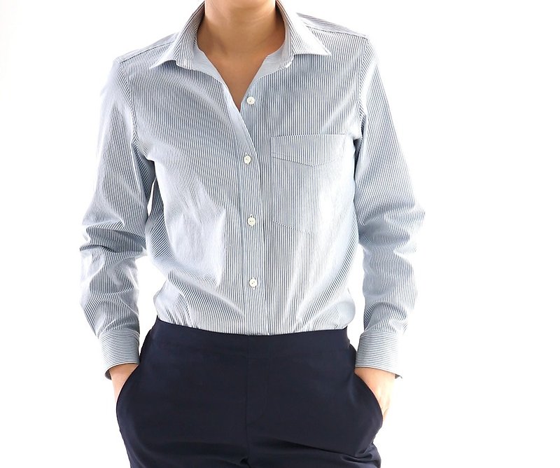 Code lane premium long-sleeved shirt / code lane striped blue b32-3 - シャツ・ブラウス - コットン・麻 ブルー