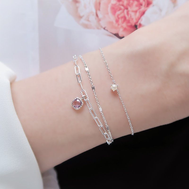 925 Sterling Silver Mini Pearl Claw Set Customized Engraving Bracelet Free Gift Packaging - Bracelets - Sterling Silver White