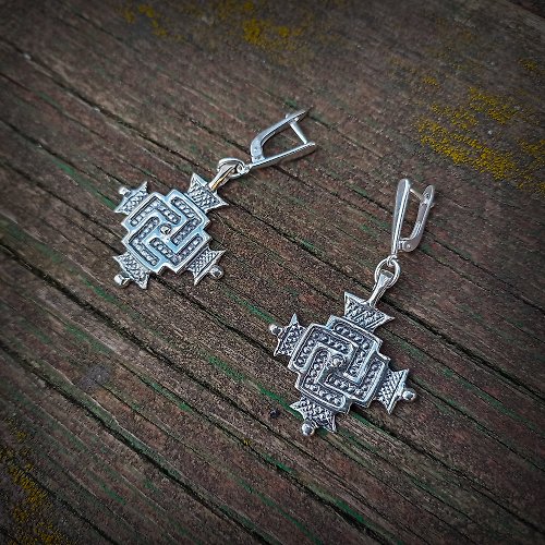 Gogodzy Solar cross silver earrings,Handmade silver earrings,ukraine silver jewellery