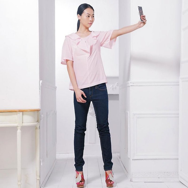 Fashion bloggers favorite wide-sleeved lotus leaf slim-fit chiffon blouse pink final zero size - เสื้อผู้หญิง - ไฟเบอร์อื่นๆ สึชมพู