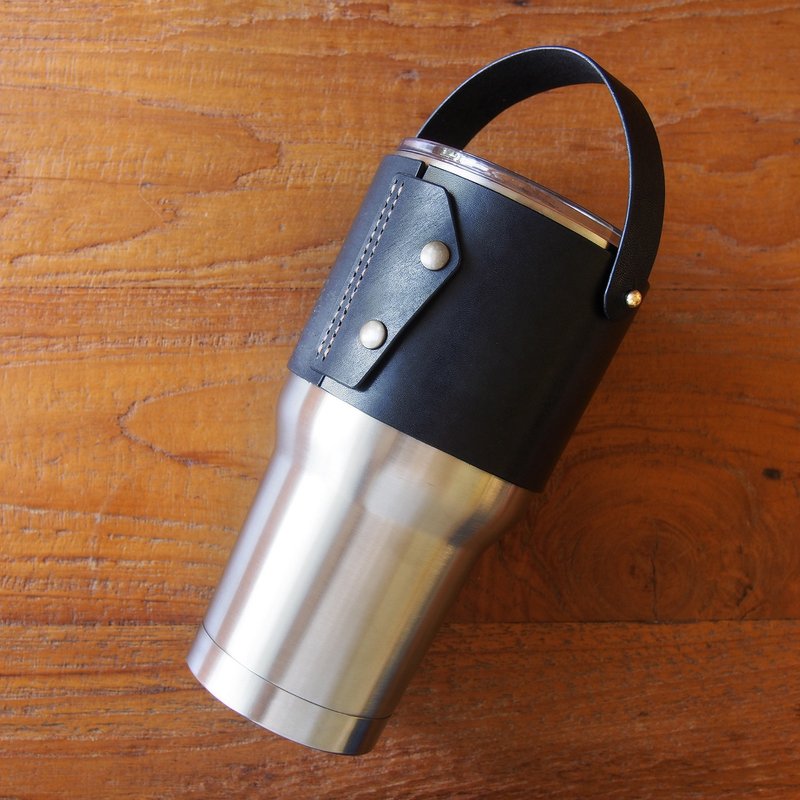 Handmade Yeti cup sleeve leather black (30oz.) with handle - 飲料提袋/杯套/杯袋 - 真皮 黑色