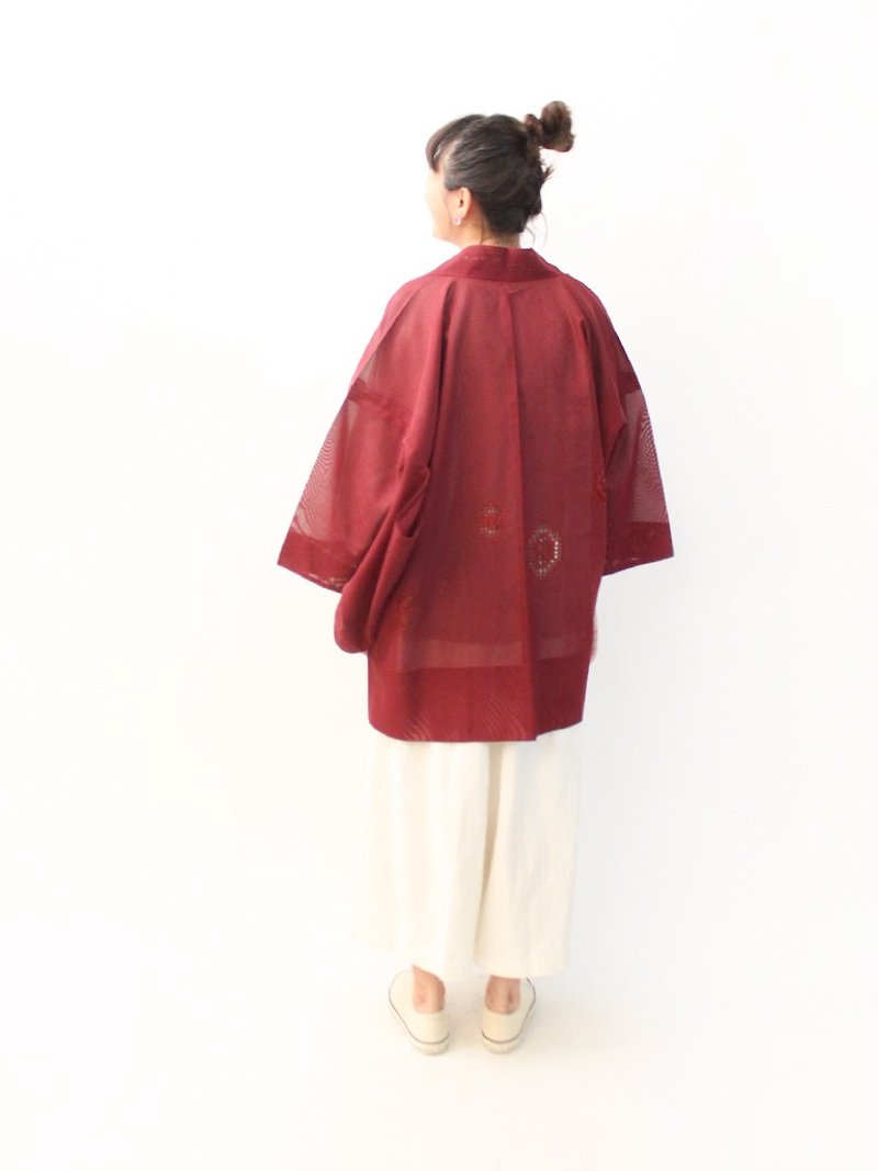 復古日本製素色暗紅色圖騰鏤空針織古著羽織和服外套罩衫開衫 - 外套/大衣 - 聚酯纖維 紅色