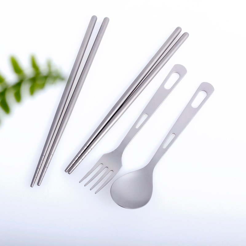 Pure non-toxic titanium tableware matte double four-piece set - Camping Gear & Picnic Sets - Other Metals Silver
