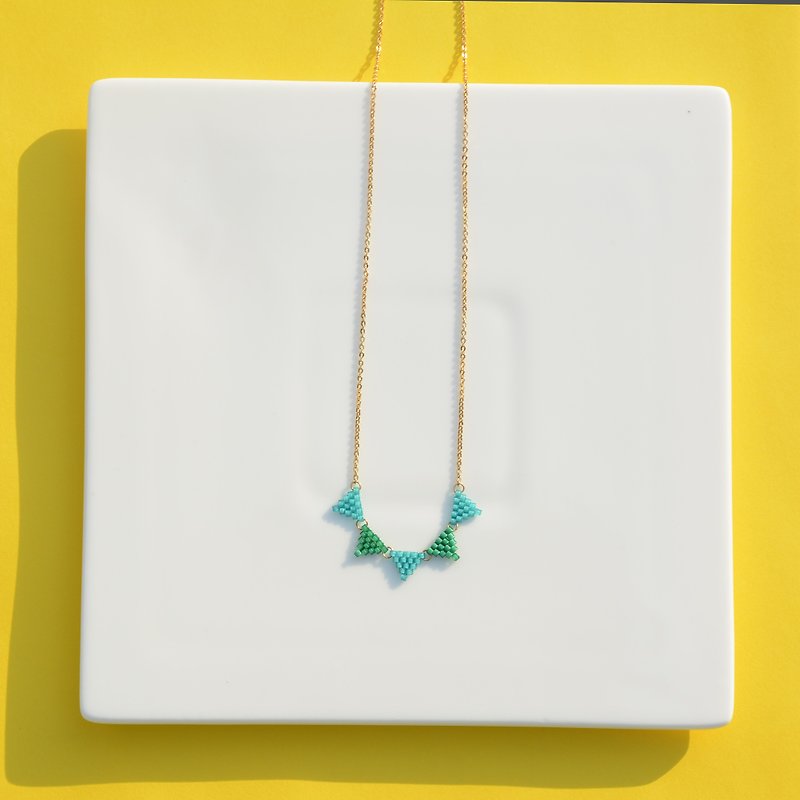 Substandard design geometry pennant hit Teal color hand-beaded necklace 24k gold-plated sterling Silver - Necklaces - Glass Green